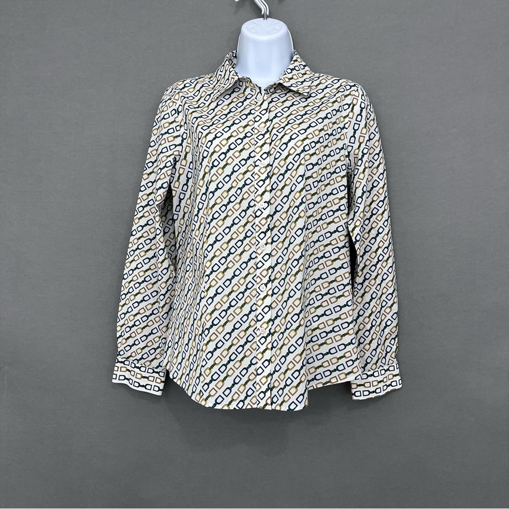 Talbots Equestrian Print Button Long Sleeve Shirt